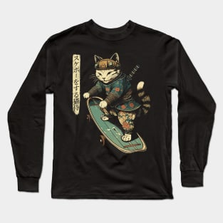 Skateboard Samurai Cat Tattoo, Kawaii Ninja Cat Long Sleeve T-Shirt